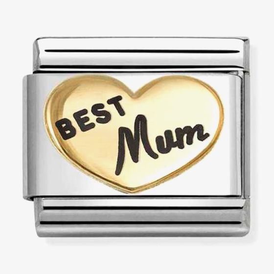 Nomination Italy Classic composable charm in 18k gold and stainless steel depicting a raised heart with wording best mum in black enamel