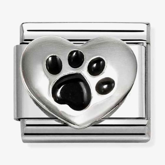 Nomination Classic sterling silver and stainless steel heart charm with a black enamel paw print