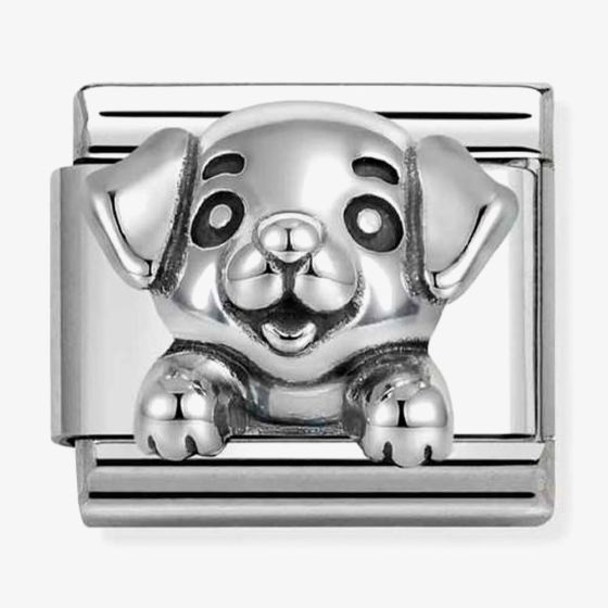 Nomination Italy Classic Composable charm in sterling silver and stainless steel showing a raised oxidised dog design