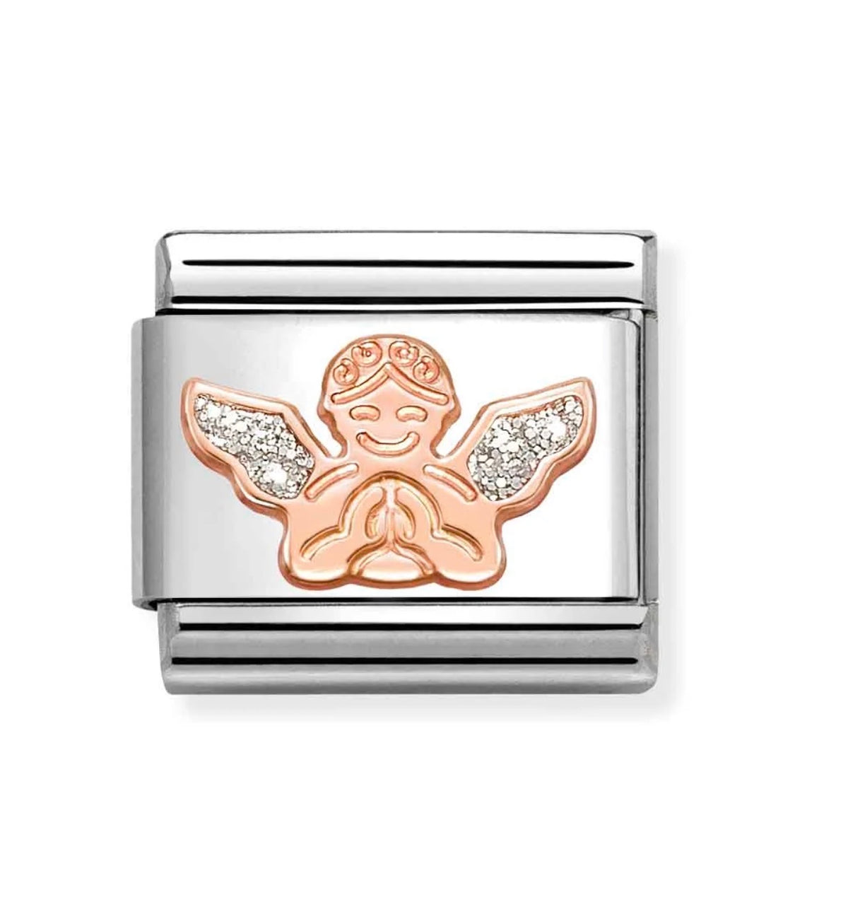 Nomination Italy classic 9k gold charm showing an Angel with silver enamelled glitter detailing on wings