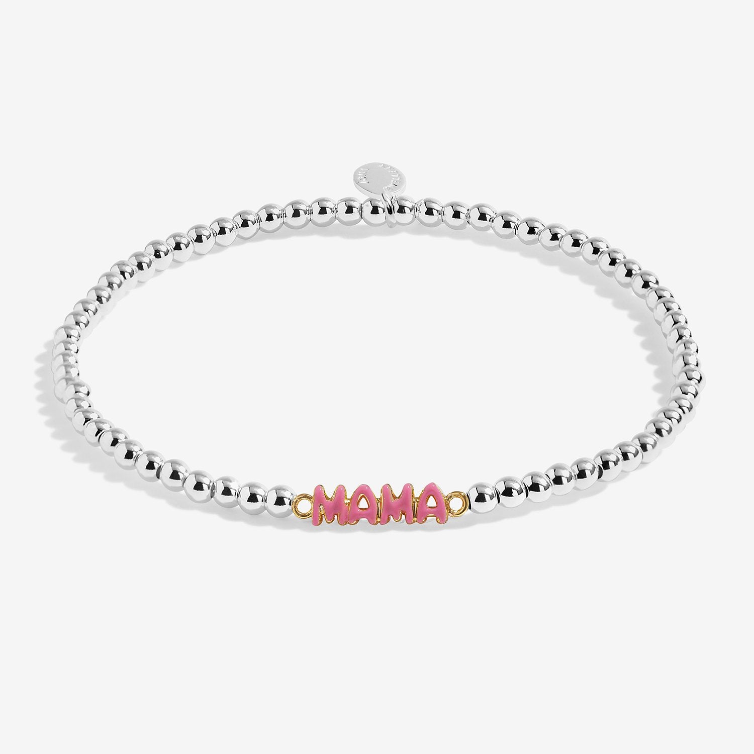 Silver beaded bracelet with ' Hey MAMA' with the writing Mama in pink on a white background