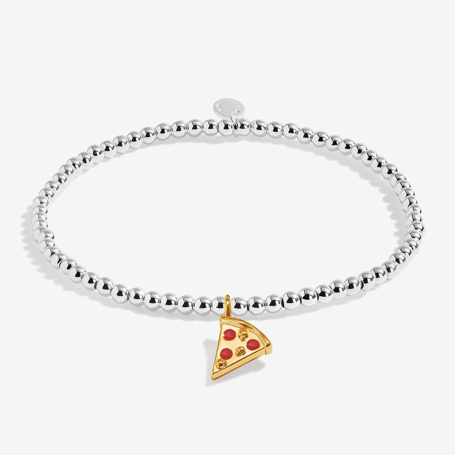 Joma Jewellery image featuring a small pizza slice on a silver beaded bracelet