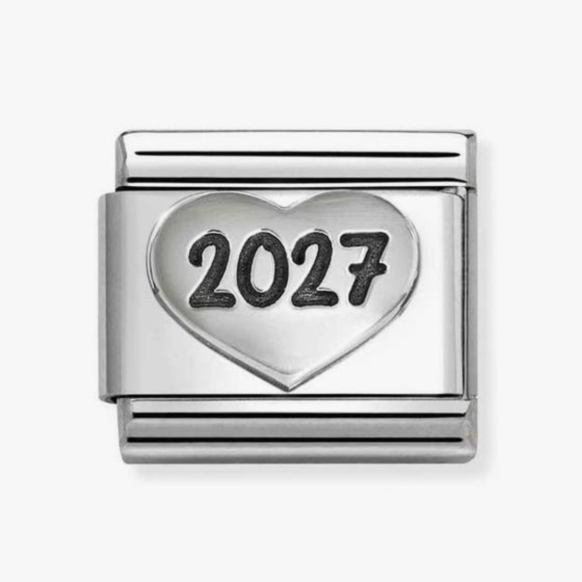 A silver-toned rectangular charm link featuring a heart-shaped center with the engraved year '2027' in dark lettering, shown on a light gray background.