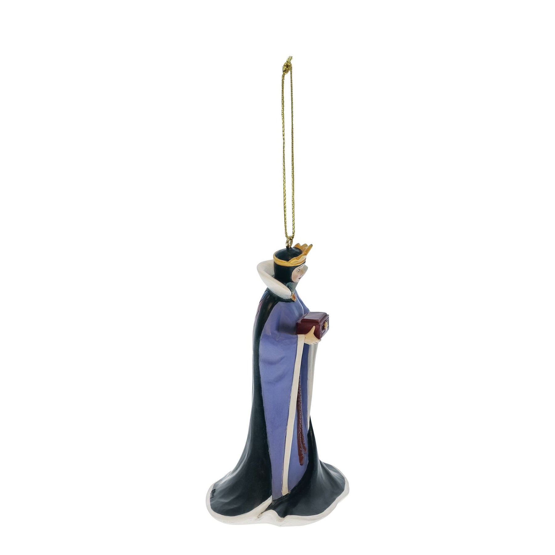 A hanging ornament shaped like a regal figure in a long dark blue and lavender robe with a gold crown and a gold hanging loop, shown against a plain white background.