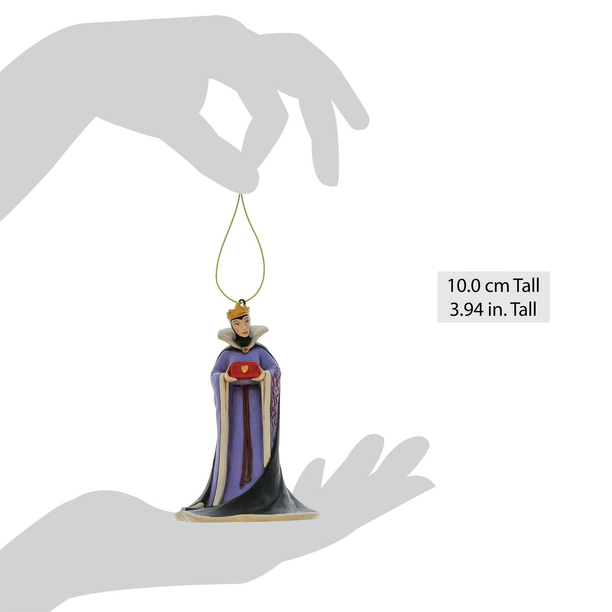 Decorative ornament of the Evil Queen in a purple gown held by a hand with measurements displayed.
