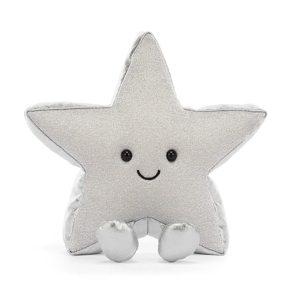 Jellycat amuseable star-shaped plush toy with a smiling embroidered face and small feet, photographed against a clean white background.
