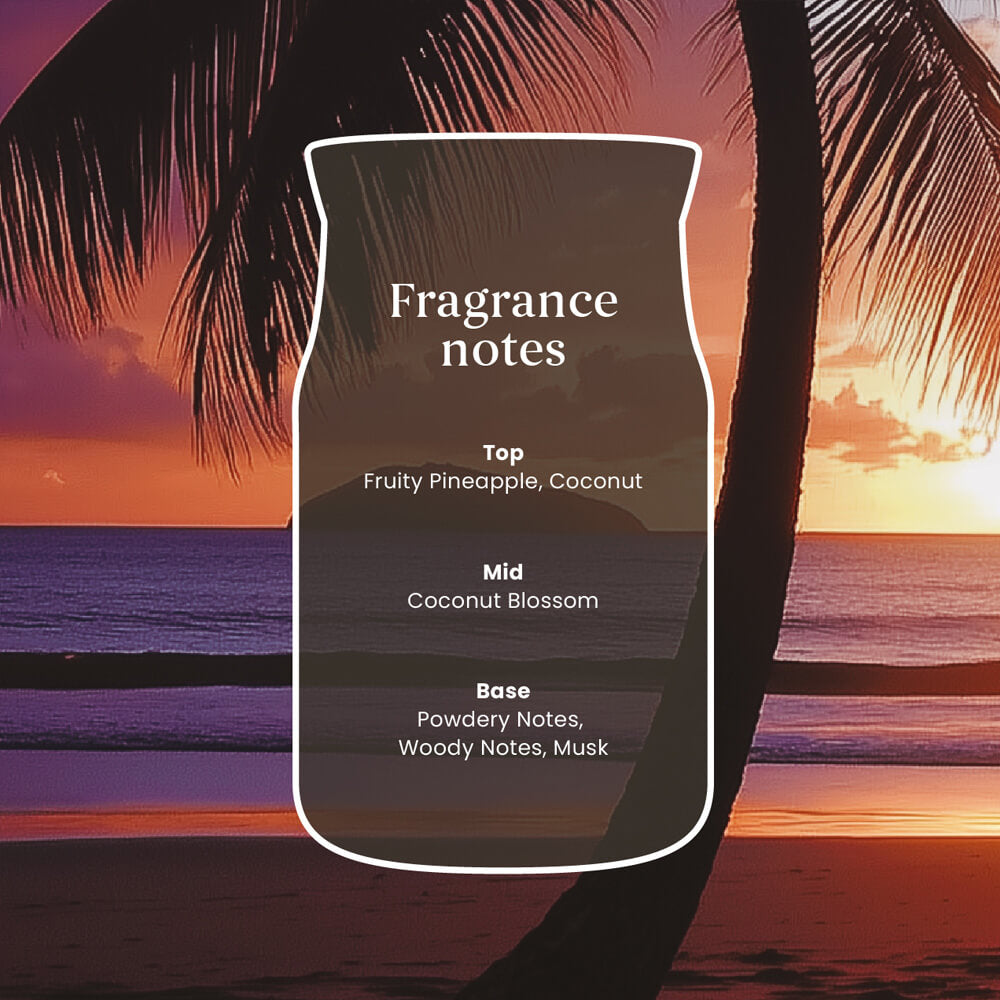 A digital graphic displaying a jar-shaped label with a white outline over a tropical beach sunset background. The label contains text reading 'Fragrance notes' with categorized notes for Top, Mid, and Base.