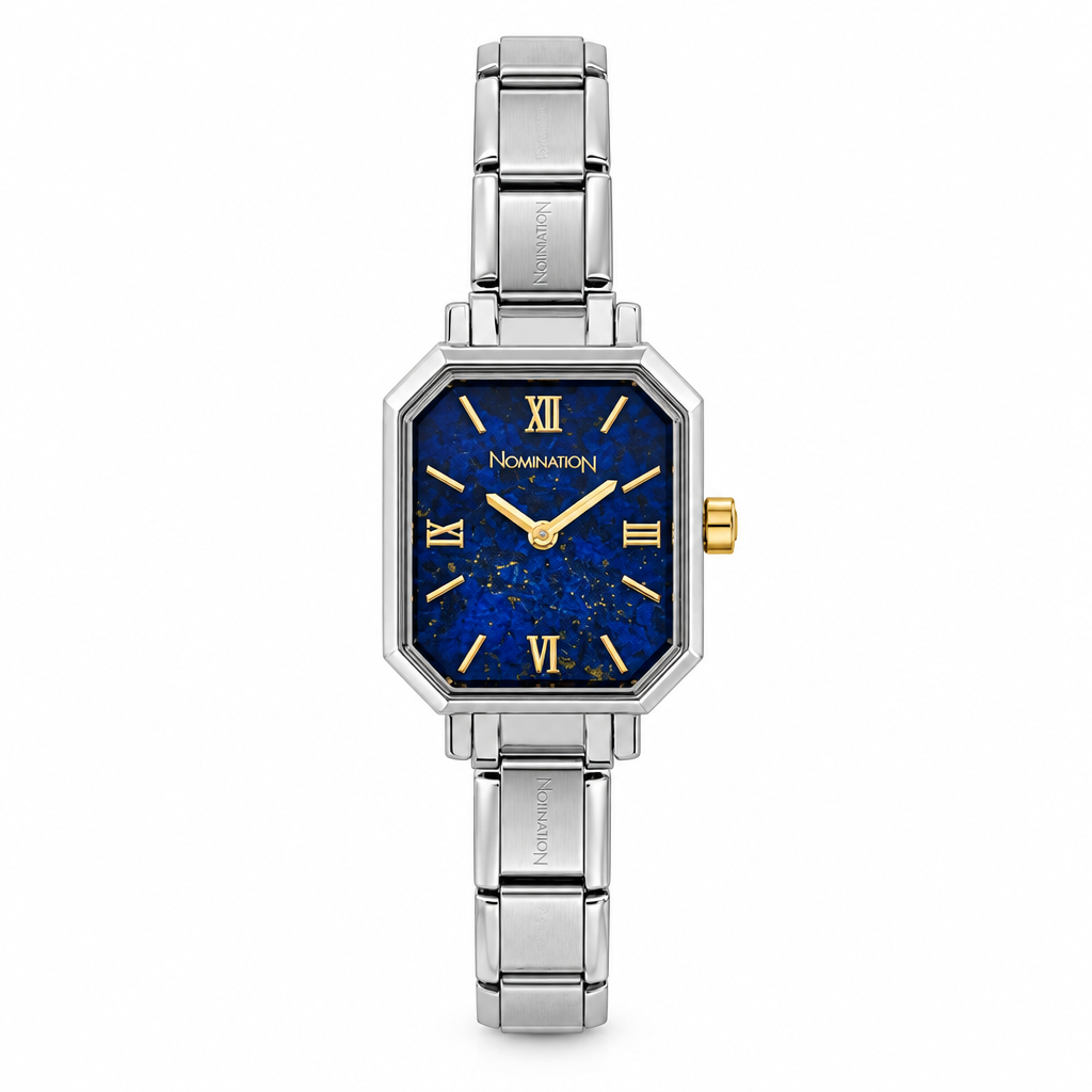 Silver Nomination Watch composable with a blue face and gold dials on a white background