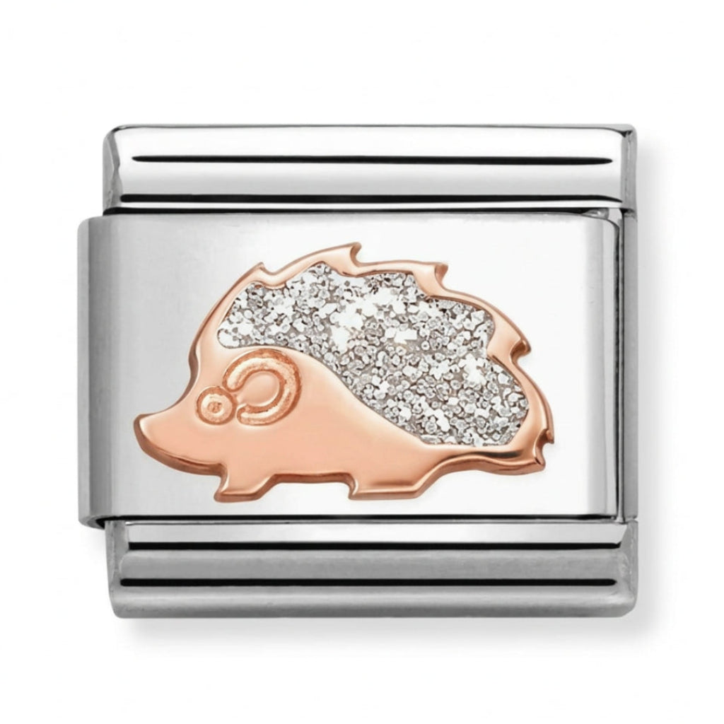 Nomination Classic 9k gold and stainless steel charm showing a hedgehog with silver enamelled glitter detailing