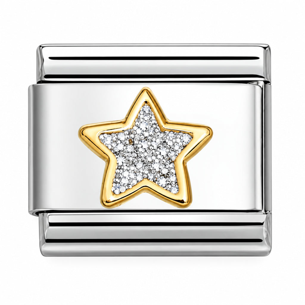 Classic Yellow Gold Nomination Charm with 18k Gold star outline and silver glitter enamelled glitter on a white background