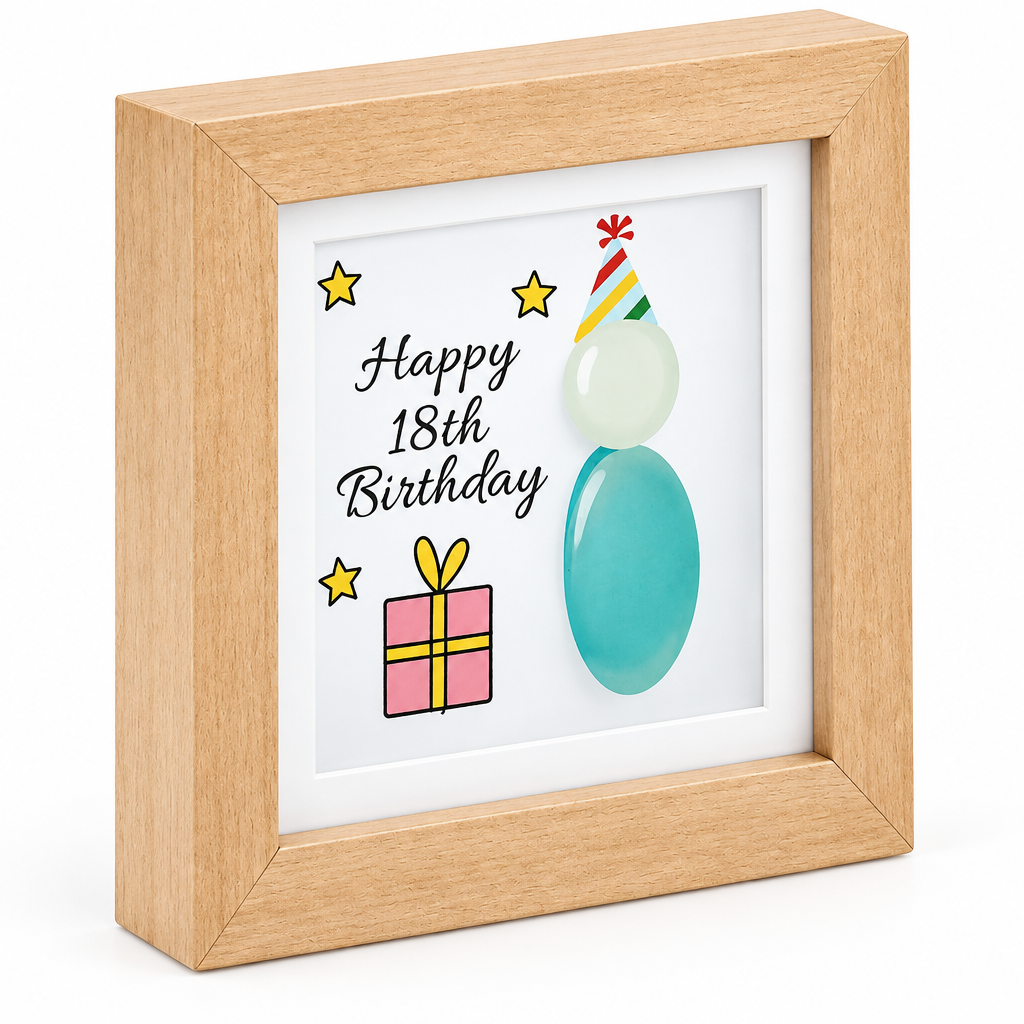 Happy 18th Birthday wooden pebble plaque, left angled view