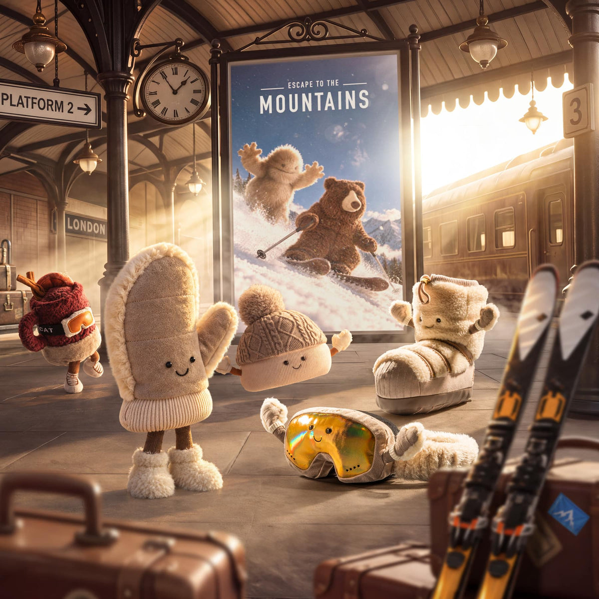 A cozy winter-themed scene at a train station platform with plush toy characters dressed in warm clothing, ski boots, skis, and a large poster reading 'Escape to the Mountains' in the background.