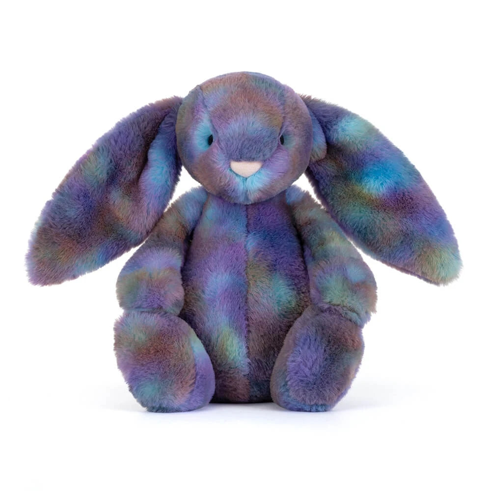 Purple,green,blue coloured Cosmic patterned plush jellycat luxe bunny on white background.