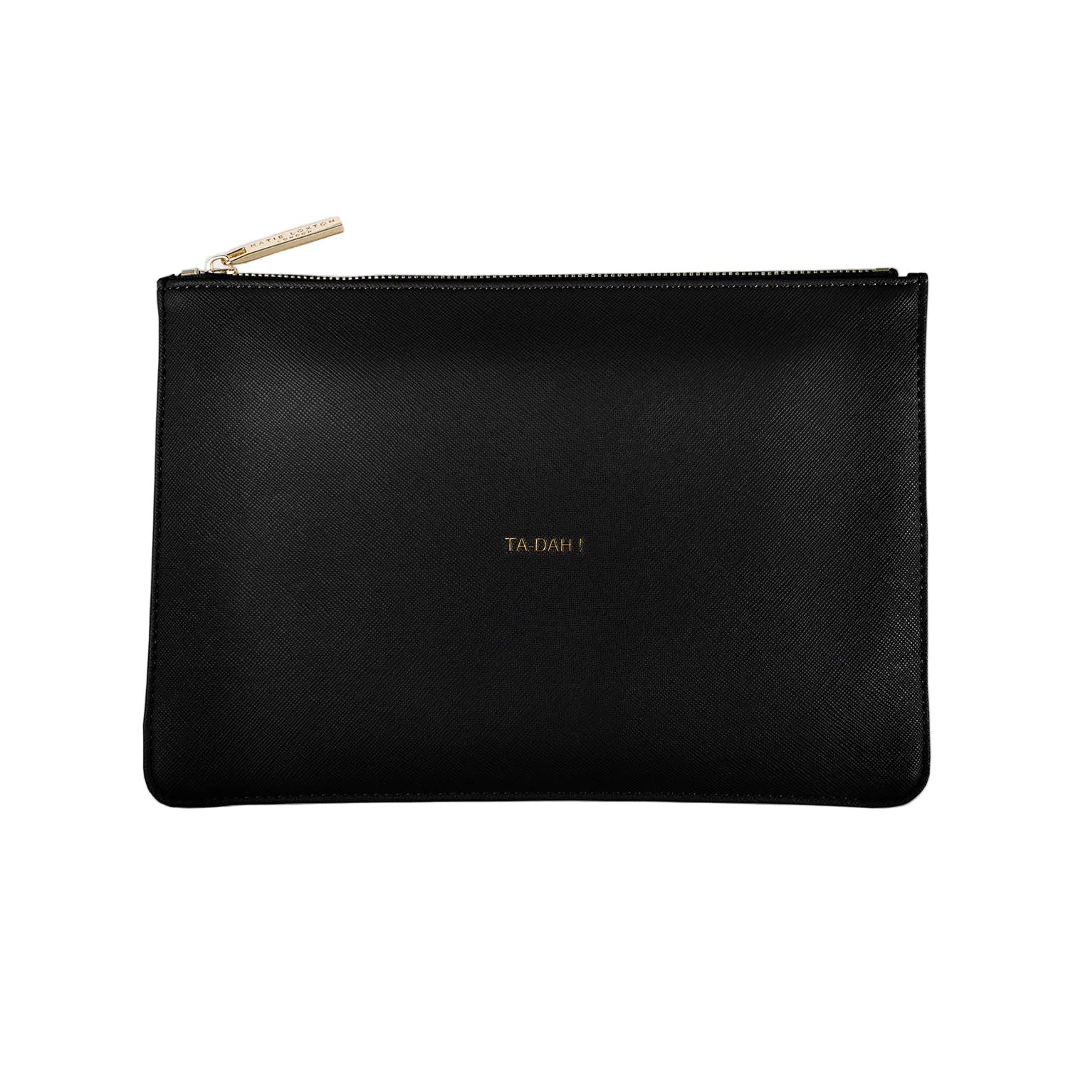 Black pouch with gold zipper and 'TA-DAH!' text on the clutch.