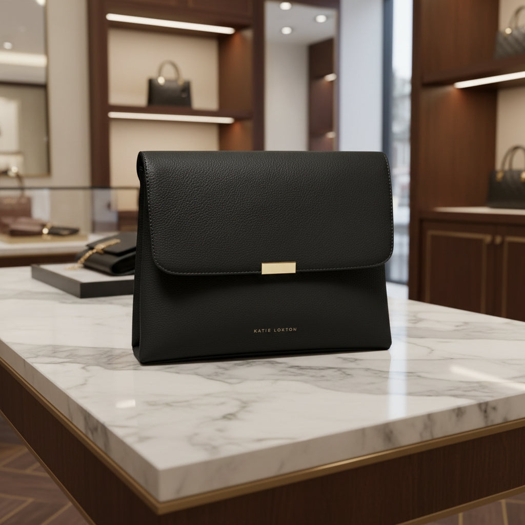 Katie Loxton black Lea clutch bag on a table in store