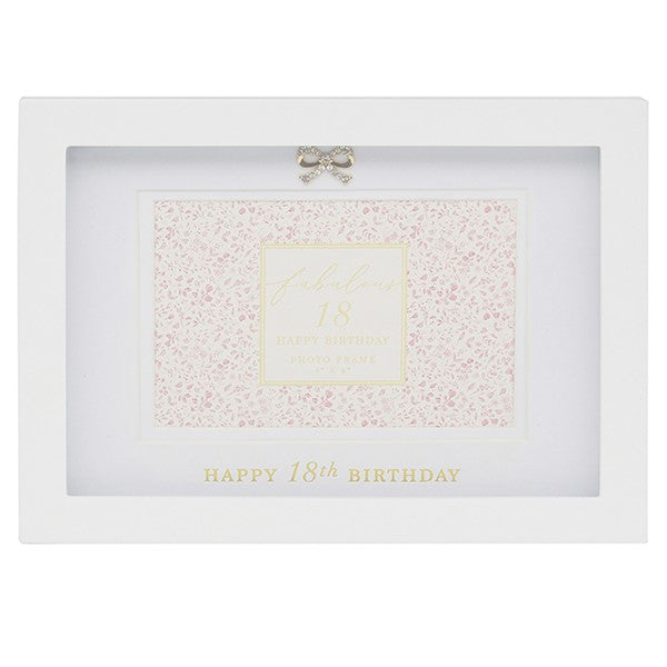 White photo frame with 'Happy 18th Birthday' text and decorative bow elements on a white background
