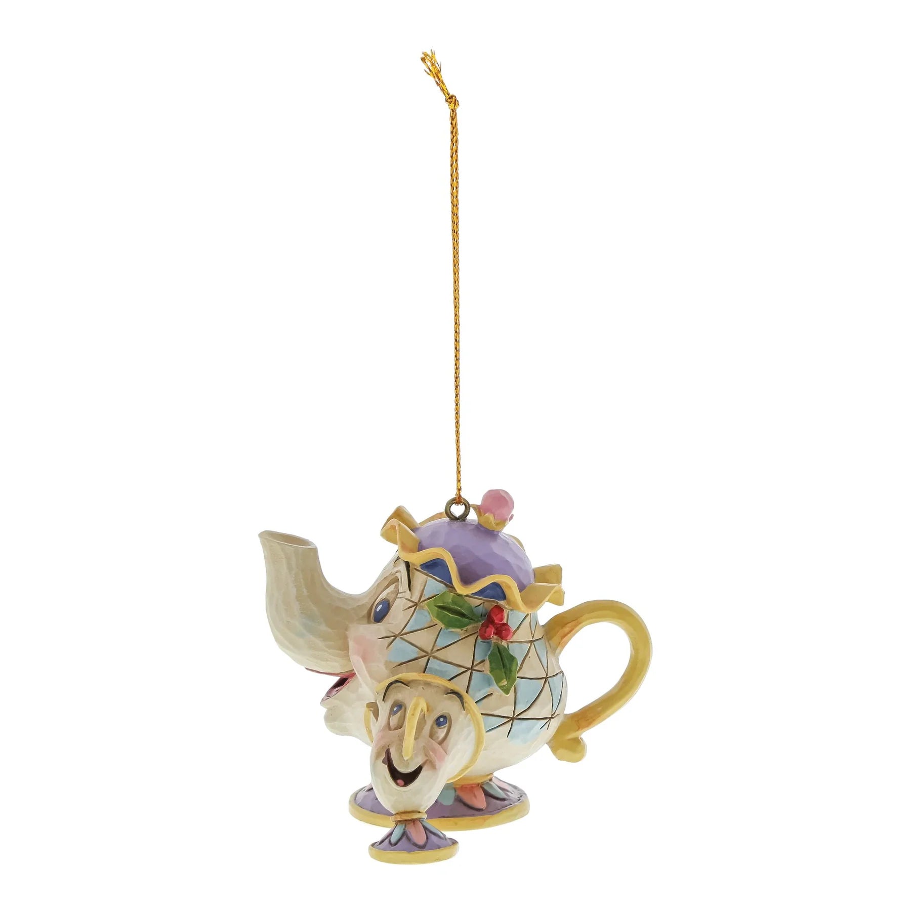 A decorative hanging ornament featuring the characters Mrs Potts and Chip from Beauty and the Beast, designed by Jim Shore for Disney Traditions.