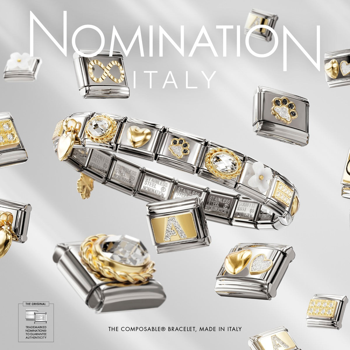 Nomination Italy composable charms collection with 'Nomination Italy' branding on a gray background