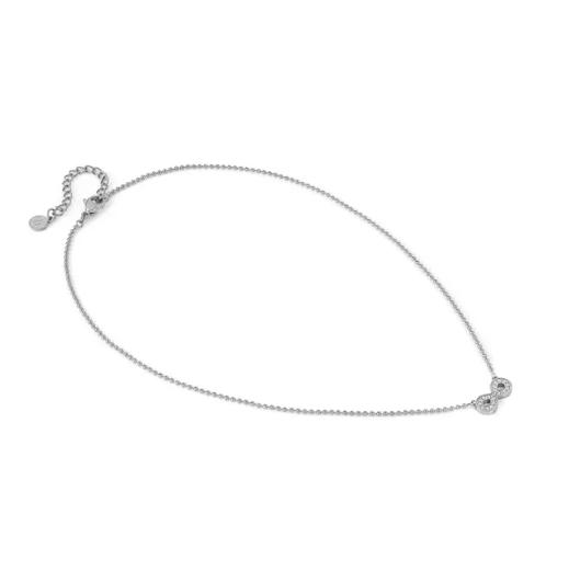 Silver infinity necklace with clear stones laid flat on a white background. From Nomination Italy Soffio A'more collection
