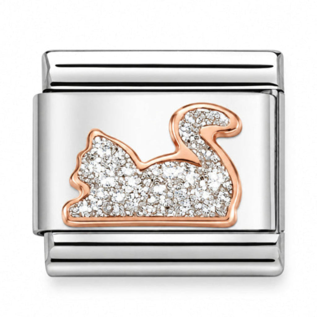 Nomination Italy composable 9k Rose gold and stainless steel charm. Showing a cat with enamelled glitter detailing.