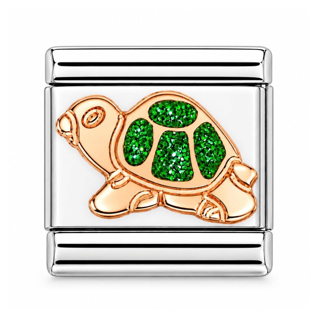 Nomination Italy classic charm in 9k gold and stainless steel depicting a turtle with green enamelled glitter