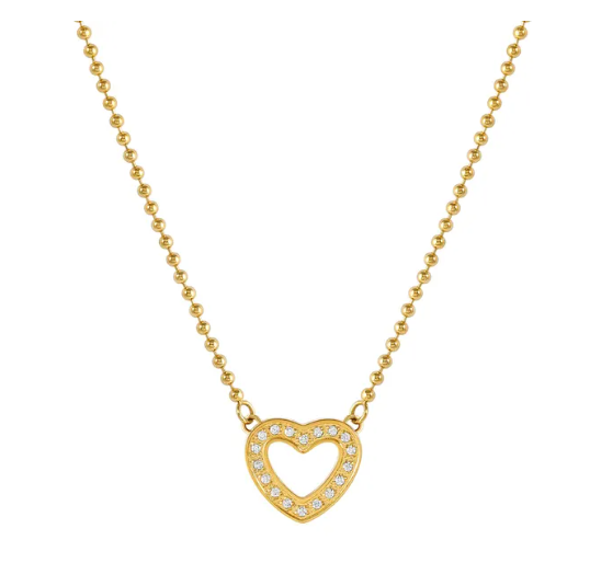 Gold heart-shaped nomination Italy necklace from the soffio A'more collection. With clear stones on a white background