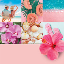Collage of tropical-themed images including a couple on a beach, tropical fruits, seashells, and flowers.