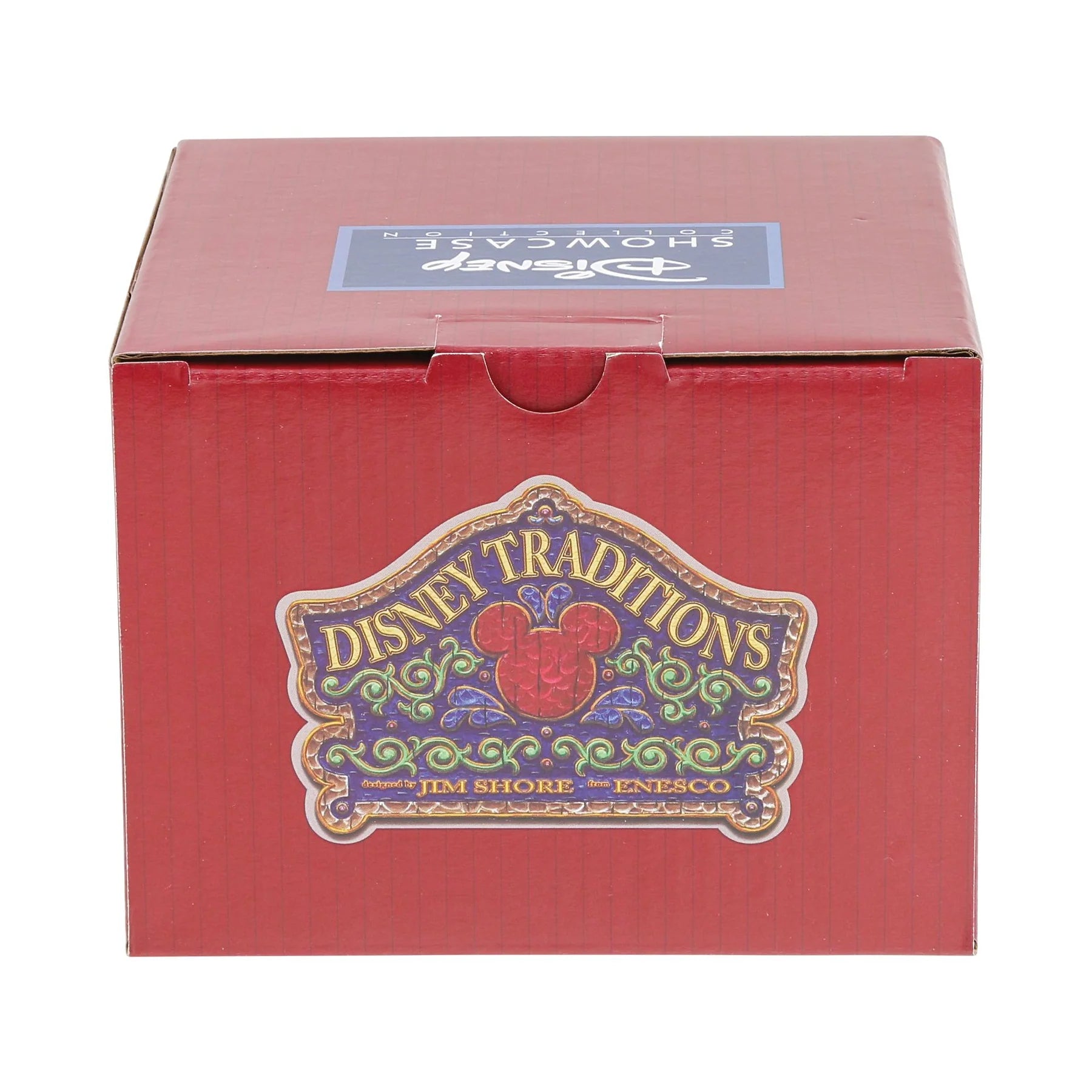 A red cardboard display box for Disney Traditions Jim Shore Enesco, featuring a decorative front label with the Disney Traditions logo and a Disney Showcase sticker on top.
