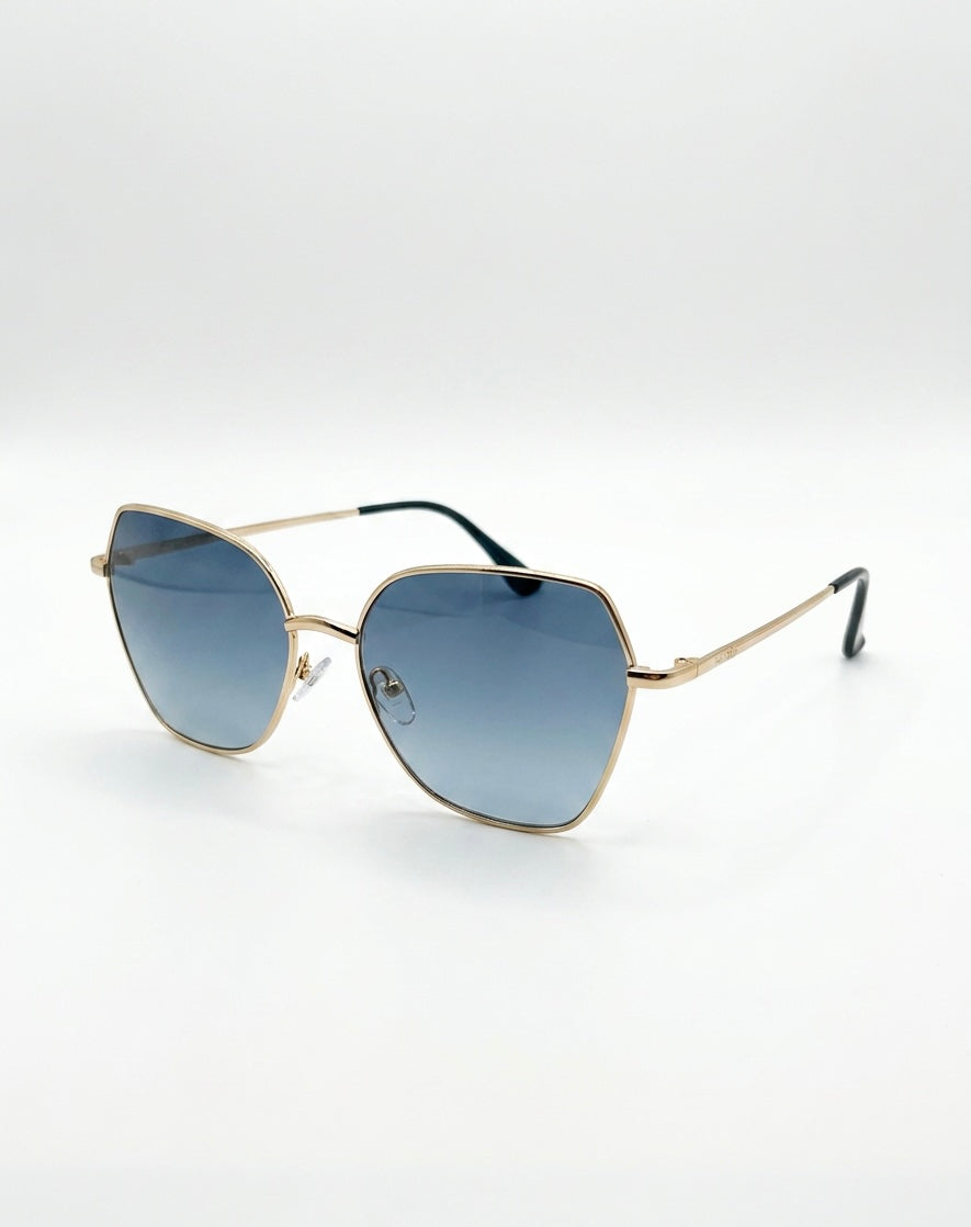 Gold-framed sunglasses with Black lenses on a white background