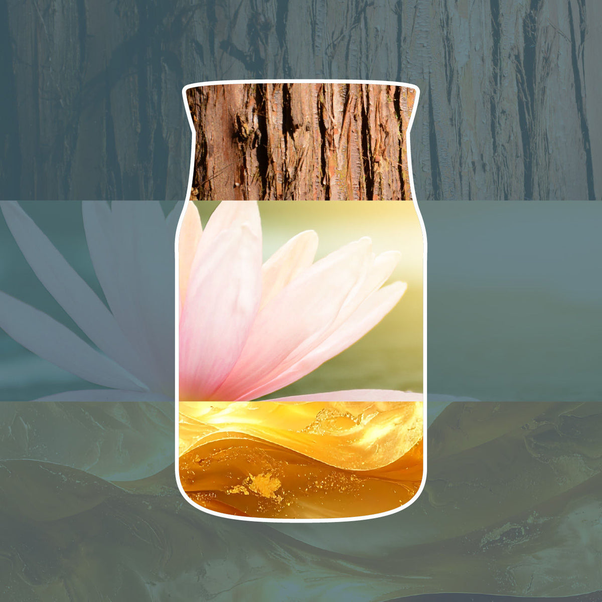 Decorative visual image of the fragrance notes with a wooden top and floral design on a blurred natural background