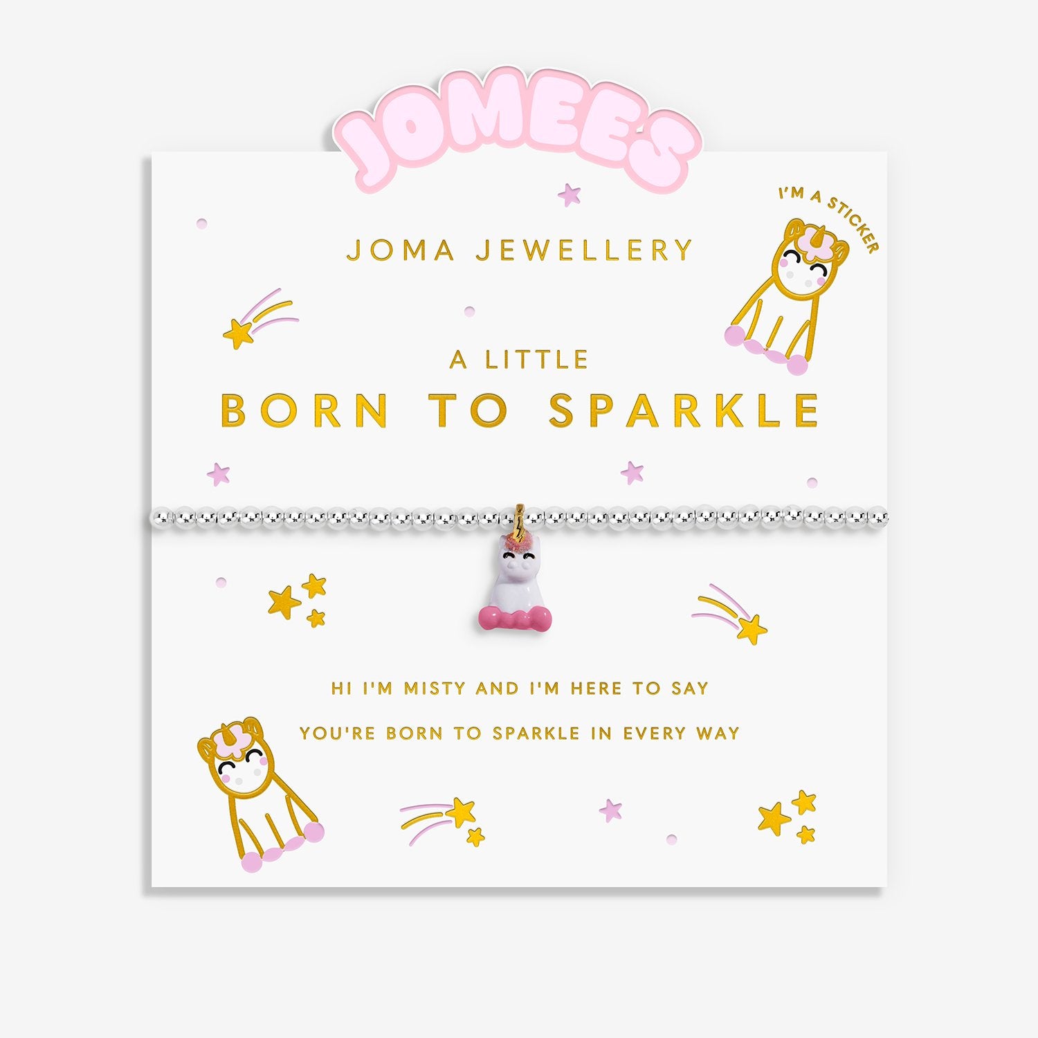 Joma Jewellery children's bracelet featuring a small pink and white unicorn charm. The white card has gold and pink text and illustrations, including the brand name 'JOMEE'S' at the top.