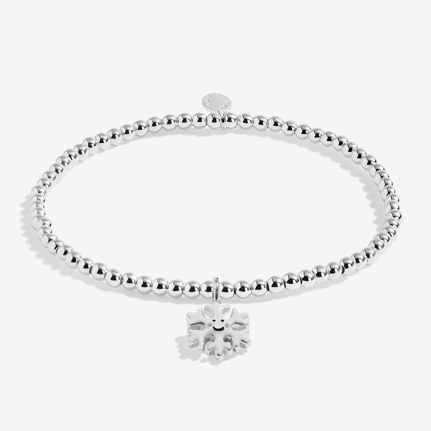 Silver-plated beaded bracelet with a snowflake charm on a white background