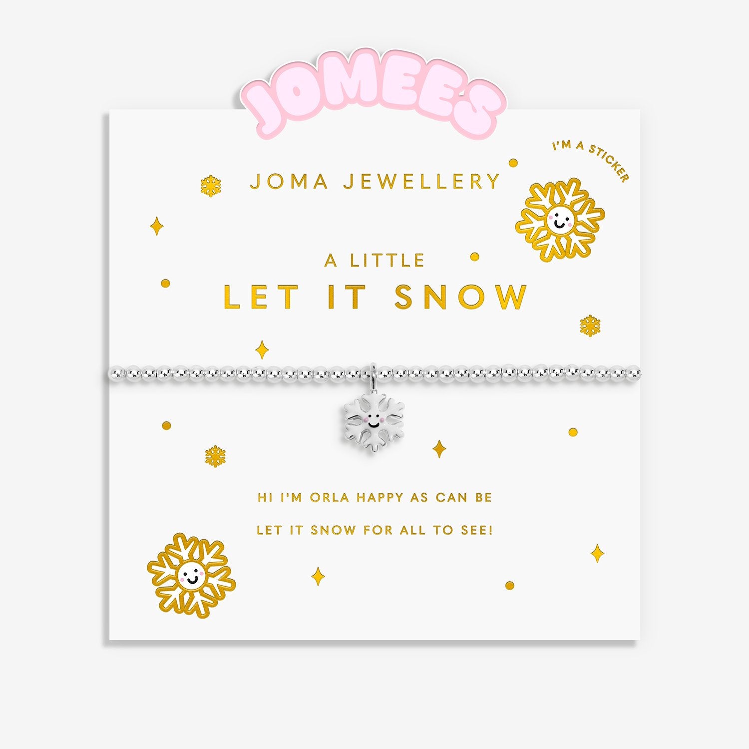Joma Jewellery 'Let It Snow' silver-plated bracelet on a branded card with decorative elements.