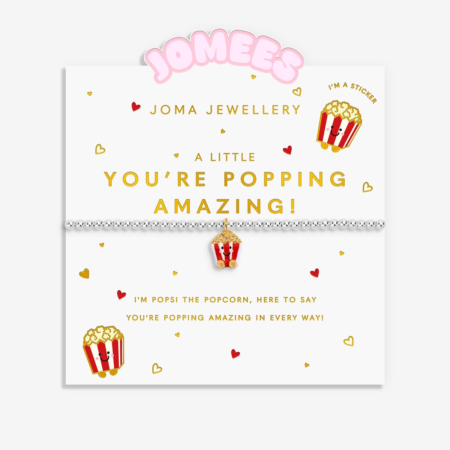 Joma Jewellery popcorn-themed bracelet packaging on a white background