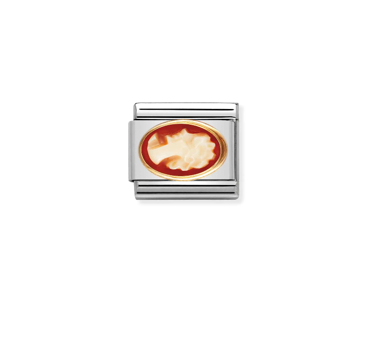 composable nomination Italy cameo charm. featuring a carved female's head on orange shell backing set in 18k yellow gold on a stainless steel composable link.