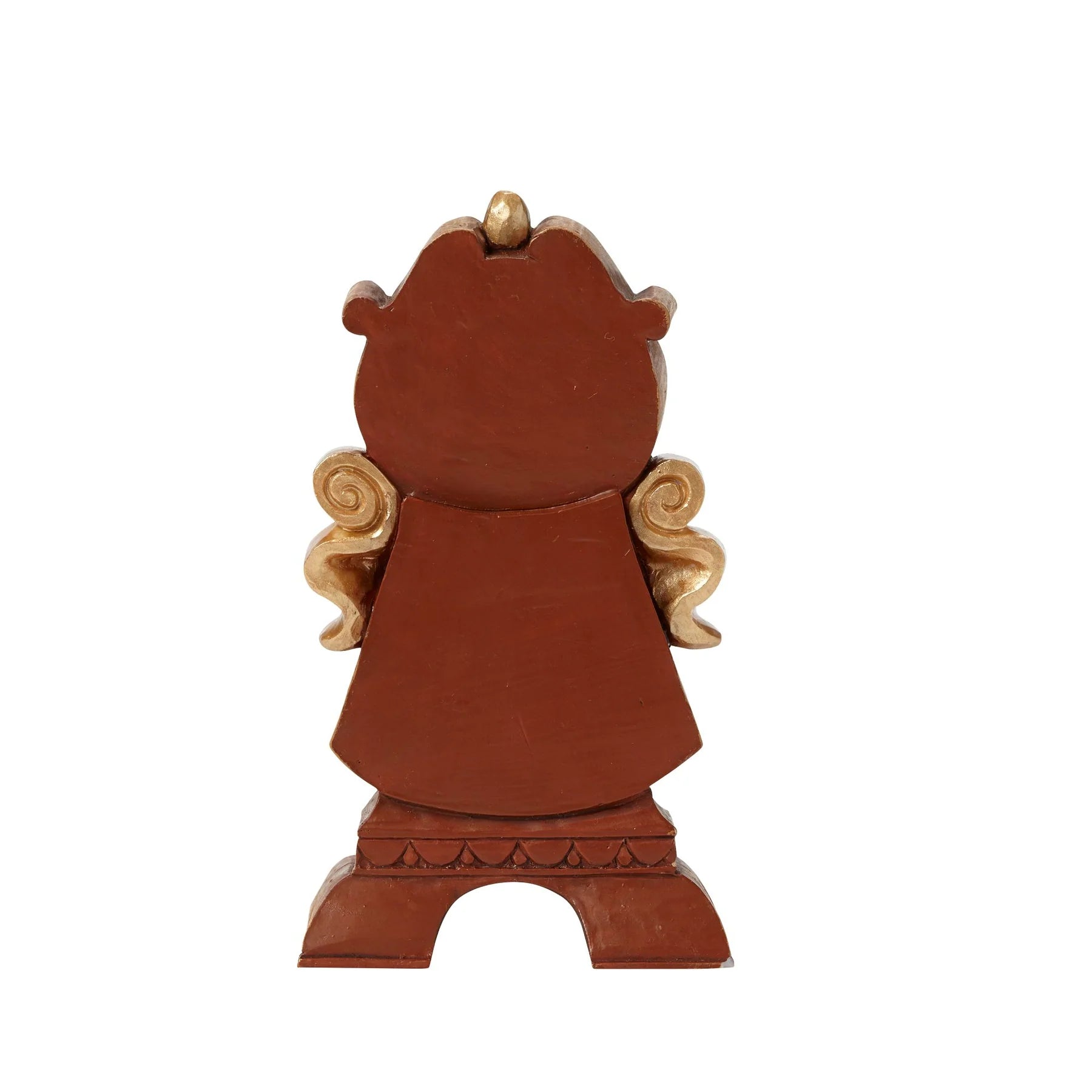 Decorative cogsworth figurine with a brown base and gold accents on a white background
