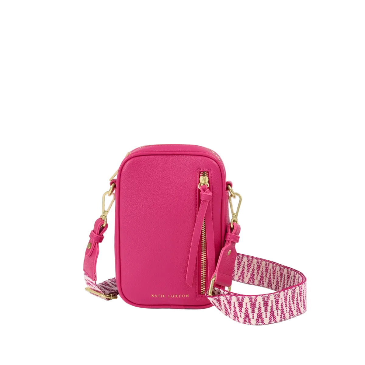 Pink crossbody bag with a patterned strap on a white background