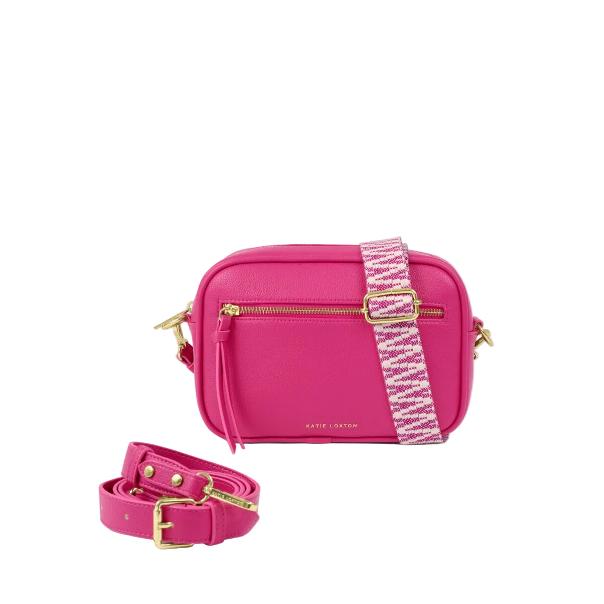 Pink crossbody bag from the brand Katie Loxton with additional strap on a white background