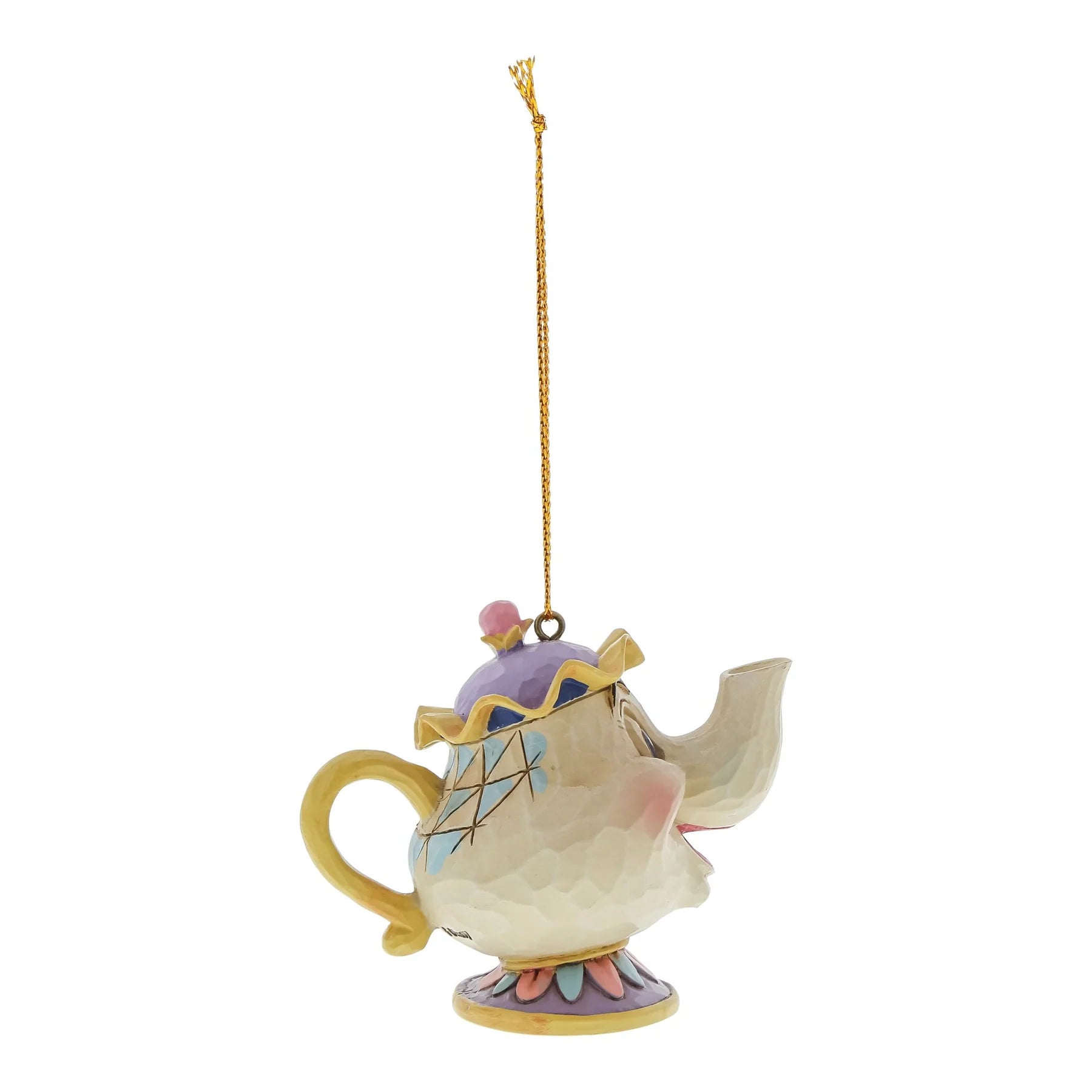 A decorative hanging ornament featuring mrs potts, the cream-colored body with pastel purple, yellow, pink, and blue painted accents, suspended by a gold string on a plain white background.