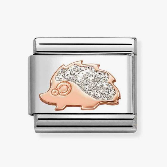 Nomination Classic 9k gold and stainless steel charm showing a hedgehog with silver enamelled glitter detailing