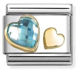 Nomination Italy Composable Gold 030613/07 Classic C.Z. FACETED with SYMBOLS steel, 750 gold LIGHT BLUE DOUBLE HEARTS