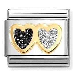 Nomination Italy Link 030220/15 Classic GLITTER SYMBOLS in steel, enamel and 18k gold Double Heart BLACK and SILVER