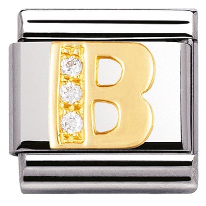 Nomination Italy Link 030301/02 Classic LETTER B ,S/Steel,Bonded Yellow Gold,CZ.