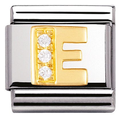 Nomination Italy Link 030301/05 Classic LETTER E ,S/steel,Bonded Yellow Gold,CZ