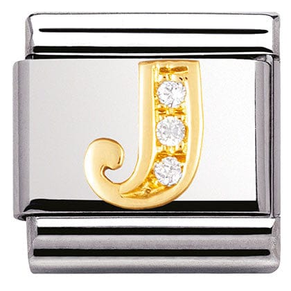 Nomination Italy Link 030301/10 Classic LETTTER J .S/Steel,Bonded Yellow Gold CZ