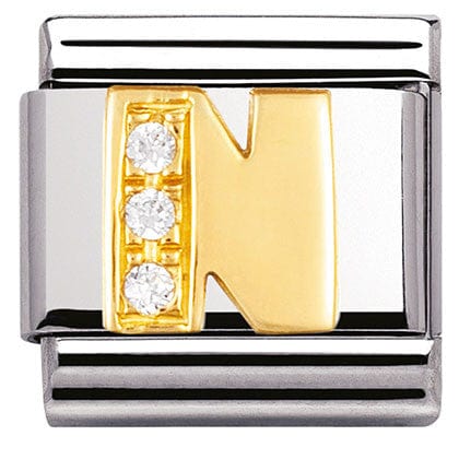 Nomination Italy Link 030301/14 Classic LETTER N ,S/Steel,Bonded Yellow Gold, CZ