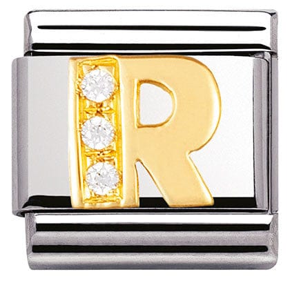 Nomination Italy Link 030301/18 Classic LETTER R ,S/Steel,Bonded Yellow Gold CZ