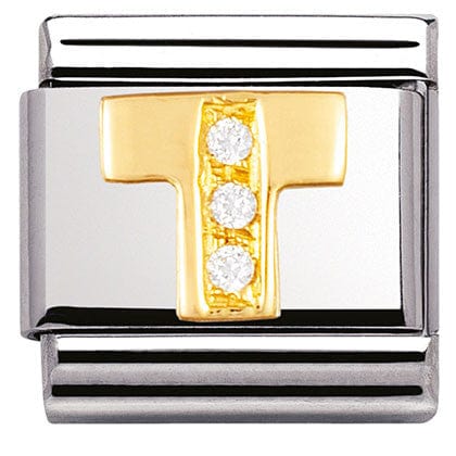Nomination Italy Link 030301/20 Classic LETTER T ,S/steel,Bonded Yellow Gold CZ
