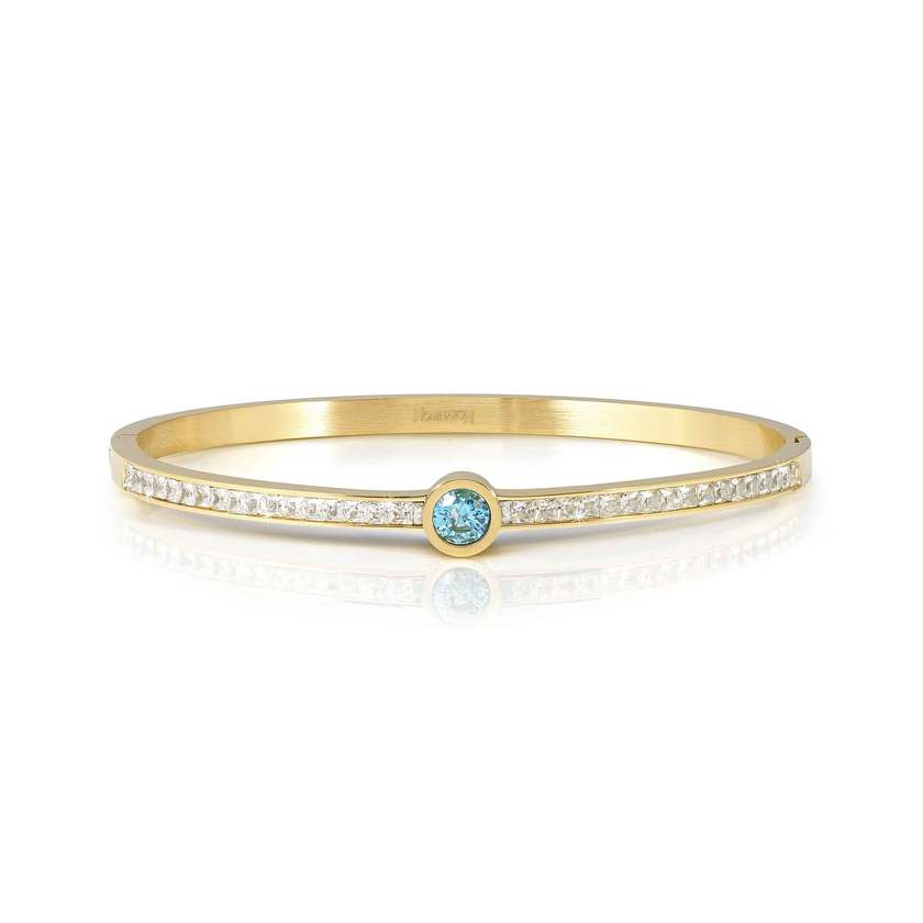 Nomination Italy PRETTY BANGLES New Edition bracelet in steel, CENTRAL cz and PAVE' (MEDIUM SIZE) lLIGHT BLUE fin. Yellow gold