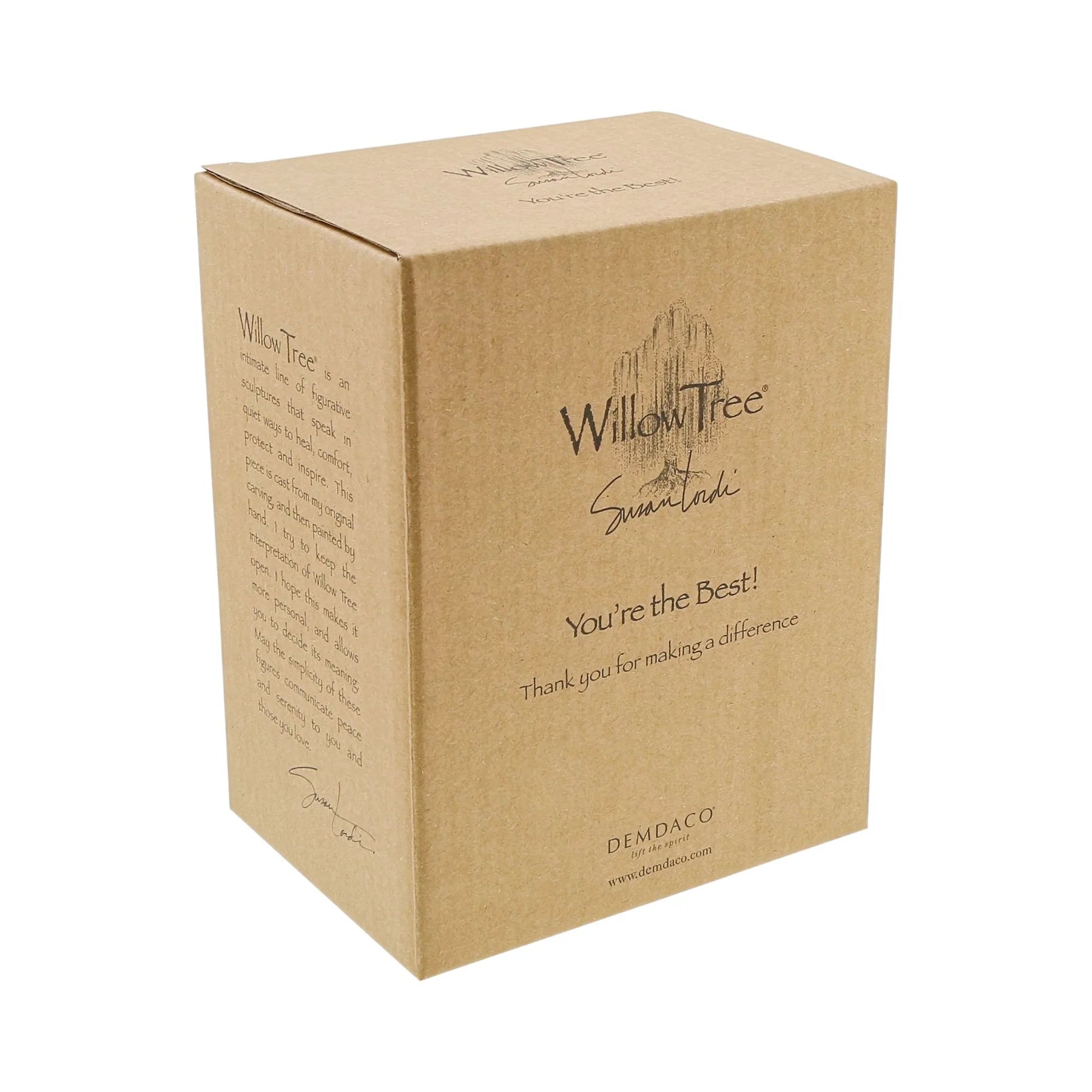 Brown cardboard presentation box with 'Willow Tree' branding and text on a white background